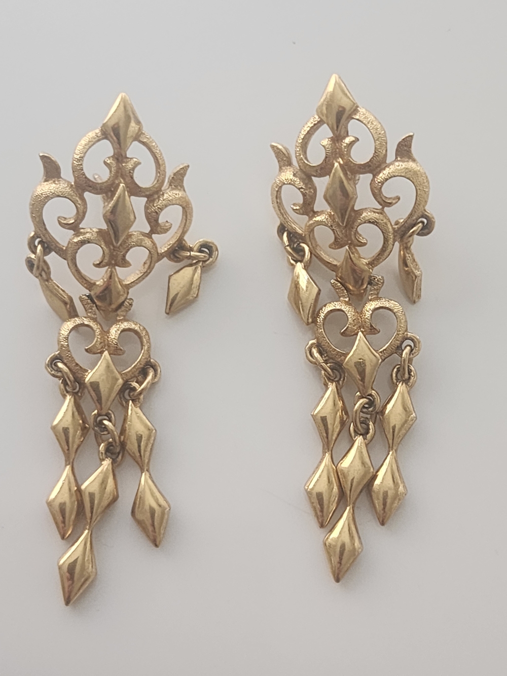 Vintage Monet Gold Chandelier Dangle Earrings Tassel Heart Scroll Pierced 1970s